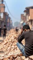 Devastation and despair following a powerful earthquake in a densely populated area photo
