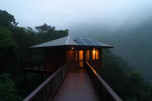 Eco-home blends into misty rainforest with solar panels and tree bridges at dawn photo