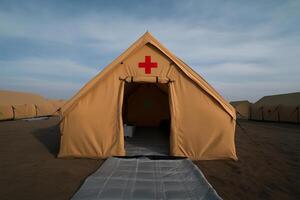 Rapidly deployable eco-tent with solar walls and water filtration in refugee camp setting photo