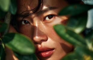 Close-up portrait of an Asian woman framed by tropical foliage under soft sunlight photo
