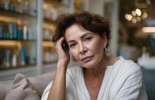 Middle-aged woman with worried expression sitting on salon sofa surrounded by skincare products photo