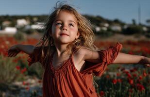 Young girl in orange sundress joyfully embraces summer in vibrant poppy field photo