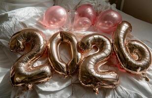 Brown foil-shaped number balloons arranged as 2026 in a minimalist setting with soft natural light photo