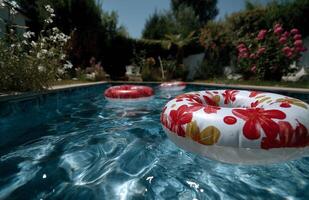 Bright summer day with colorful inflatable doughnut floats in a backyard swimming pool photo