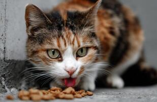 Cute calico cat enjoying dry food on concrete floor in ultra realistic close up photography photo