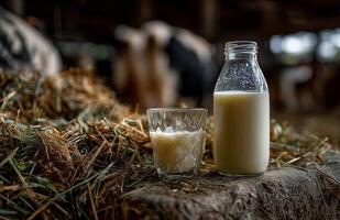 Fresh milk in a glass and bottle set against a rustic hay background in a farm setting photo