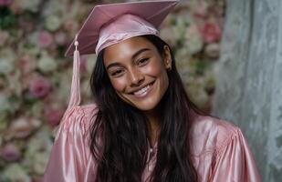 Graduation celebration with a smiling woman in pink cap and gown in front of a flower wall photo