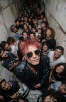 Punk rocker with red hair engages crowd in ancient castle corridor while wearing sunglasses and leather photo