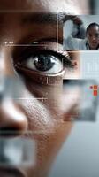 Close-up view of an eye integrated with digital data for advanced medical analysis and precision medicine technology photo