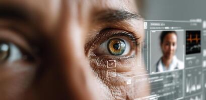 Close-up of an eye surrounded by digital data representing machine learning in precision medicine photo