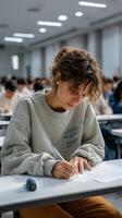 Students engaged in educational admission test in a modern classroom setting with natural lighting photo
