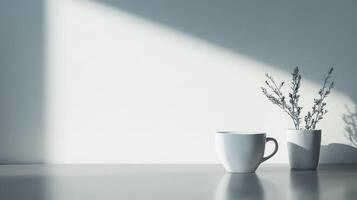 White cup and vase on a minimalist table setting photo