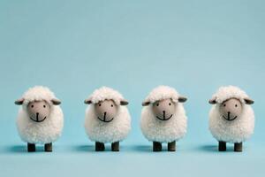 Cute sheep figurines lined up on blue background photo