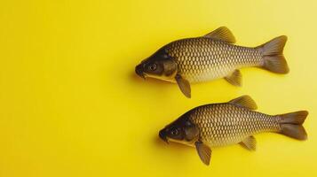 Fresh fish on yellow prep background photo