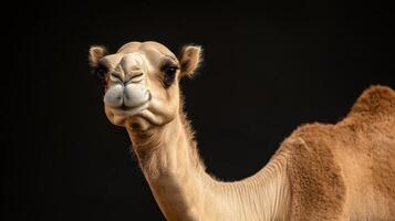 Close up view of a camel in a studio setting photo