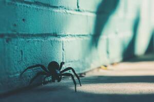 Spider crawls along a colorful wall in sunlight photo