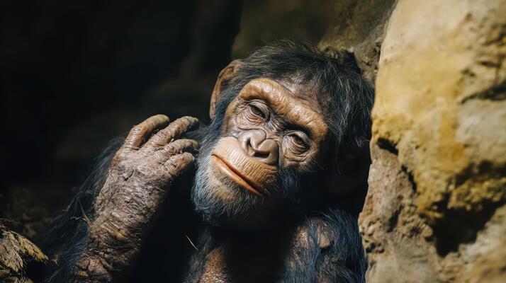 Primate in rocks appears thoughtful