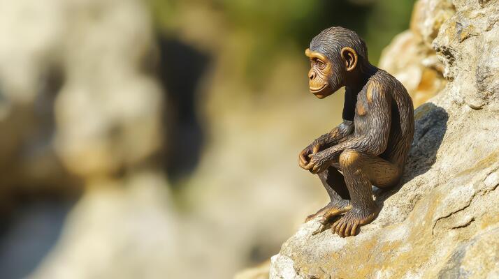 Monkey figurine sitting on a rock in nature