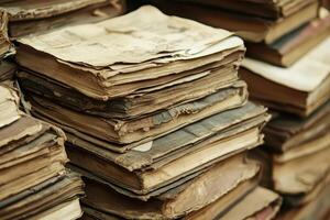 Stacked dusty books in a vintage library space photo