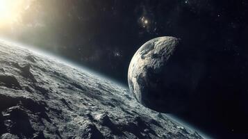 View of Earth from lunar surface in deep space photo