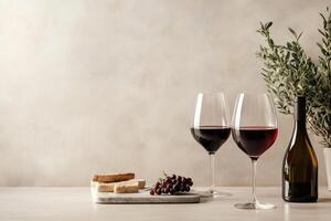 Wine and cheese pairing on a rustic table setting photo