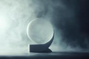 Crystal sphere on a modern pedestal in fog photo
