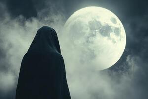 Mysterious figure under the full moon at night photo