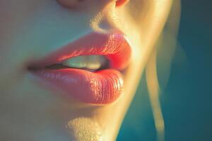 Soft lips illuminated by warm light at sunset photo