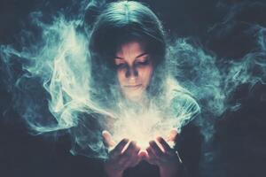 Woman creating magic in smoke and light display photo