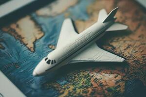 Airplane model resting on a world map photo