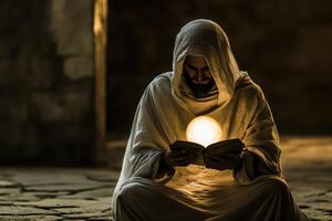 Monk reading a book while holding an orb of light photo