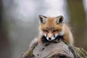 Red fox resting on a log in a forest photo
