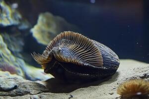 Unique shellfish resting on sandy ocean floor photo