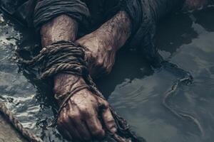 Hands bound with rope submerged in muddy water photo