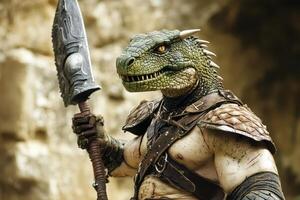 Lizard warrior in armor holding a spear in nature photo