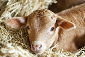 Calf resting on straw in a barn during daylight photo