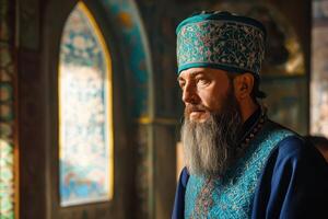 Historical figure in ornate attire inside a temple photo