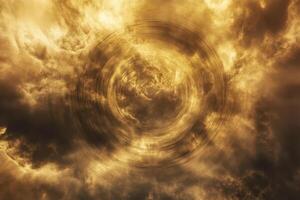 Swirling clouds create dramatic golden sky at dusk photo