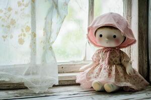 Doll in a pretty dress relaxing by the window photo