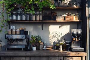 Coffee preparation station in a cozy cafe setting photo