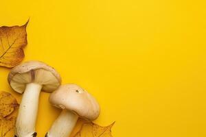 Mushrooms and leaves on yellow background photo