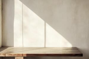 Wooden table and soft sunlight shadows photo