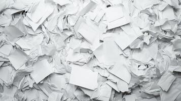 Cluttered paper waste scattered on a surface photo