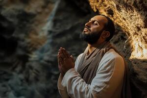 Man prays with devotion in a serene cave setting photo