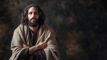 Guy in a blanket looks thoughtful photo