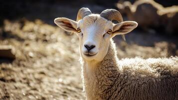 Sheep stands out in sunny pasture field photo