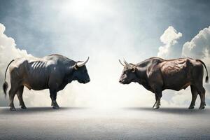 Two bulls facing off in a dramatic encounter photo