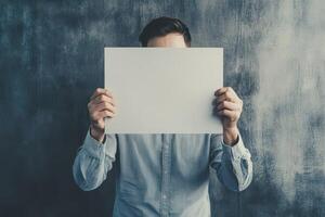 Person with blank paper on gray backdrop photo