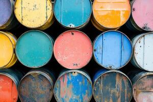 Colorful barrels stacked in industrial setting photo