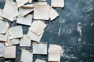 Scattered paper notes on a textured dark surface photo